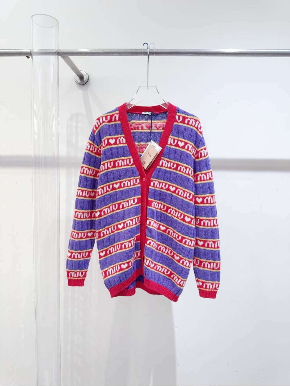 Miu Miu Purple and Pink Logo Stripe Cardigan
